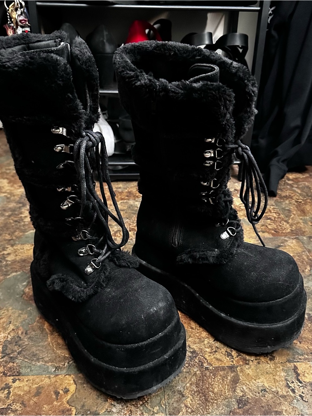 Demonia Black Faux Fur Platform Lace-Up Boots